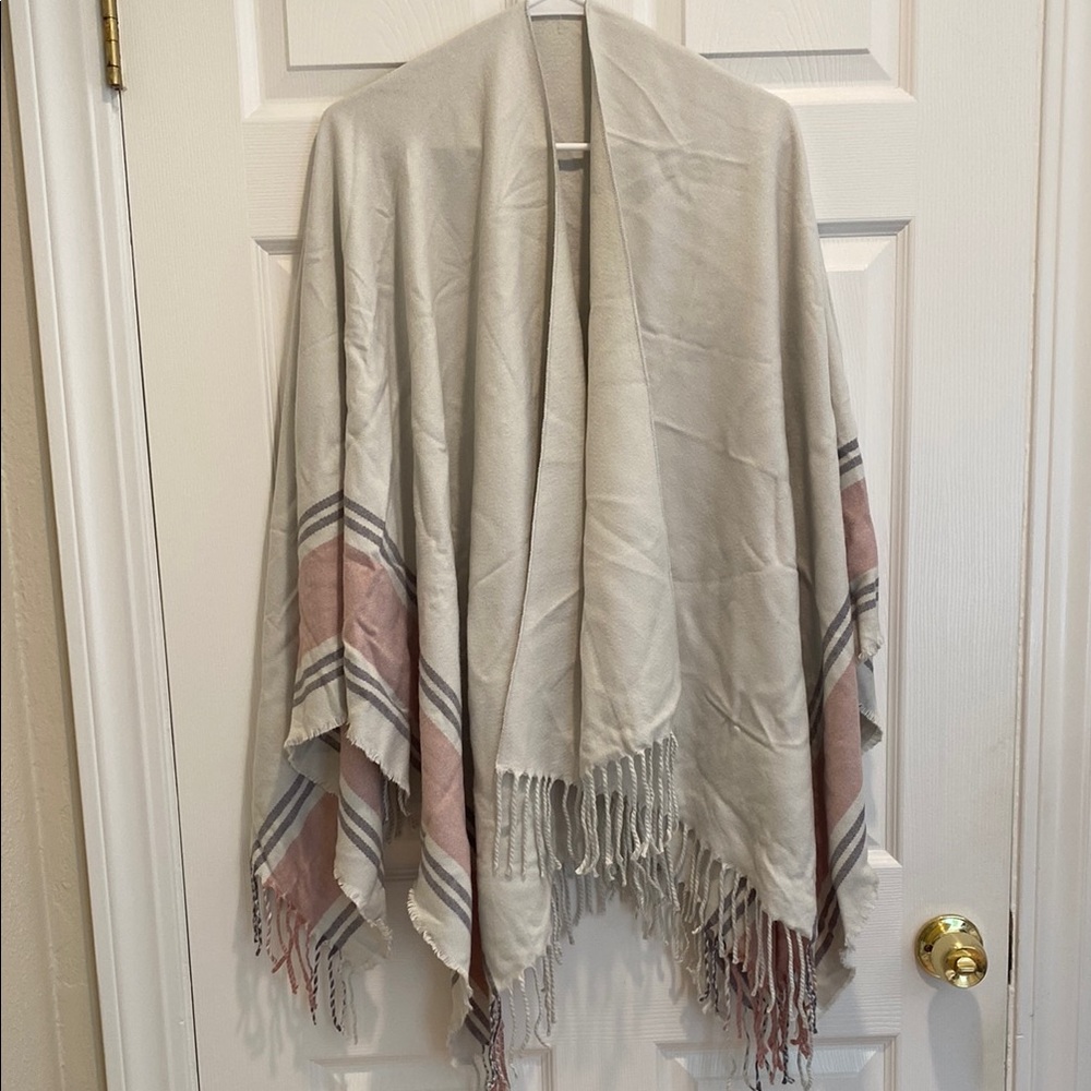 Chic Cream and Pink Poncho with Fringe